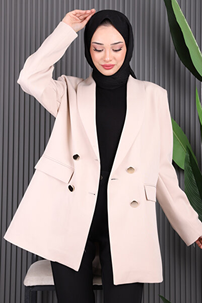 İmajButik Μπεζ μπλέιζερ με γιακά κραβουζέ