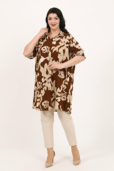 By Alba Collection Women's Tan Color Patterned Cotton Viscose Large Size Tunic