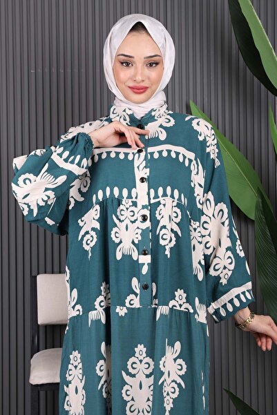 İmajButik Φόρεμα Viscon με μισό κουμπί με σμαραγδί πράσινο σχέδιο