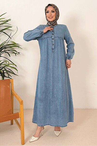 Bestenur Τζιν φόρεμα με μισό κουμπί 1380 - Μπλε