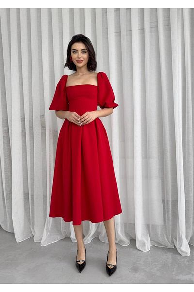 JANES Women S Red Midi Dress with Balloon Sleeves and A-Line Hem - Elegant and Chic Design