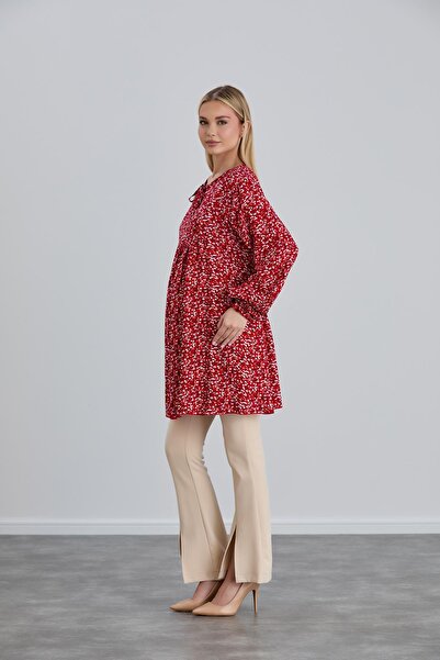 Işşıl IŞIL 4544 - Maternity Viscose Blouse and Tunic, Collar Crispy Flower Pattern, Tie-Up