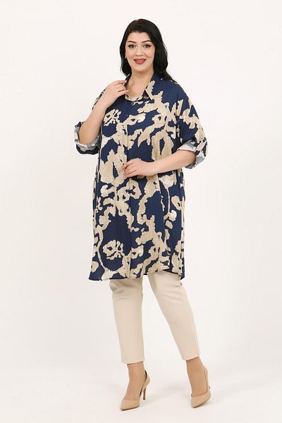By Alba Collection Women's Navy Blue Color Patterned Cotton Viscose Large Size Tunic