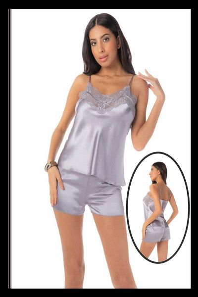 LOOMERİE Loomerie 1603 Women's Light Purple Rope Strap Lace Collar Satin Shorts Set