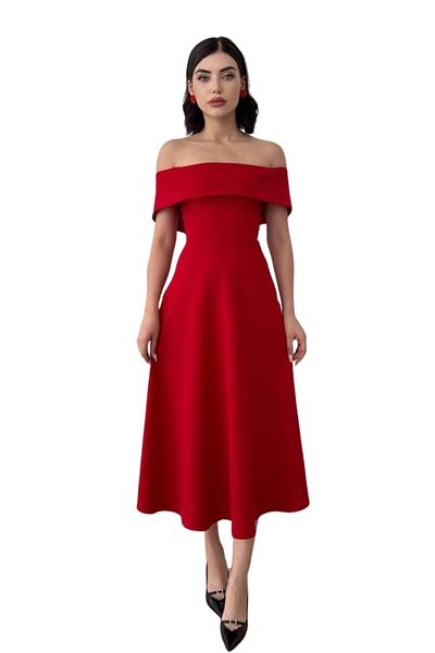 Moda Amore Women Evening Dress & Wedding & Wedding & Prom Dress - Midi Length 167 Madonna Collar Atlas Fabric