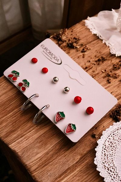 EUROMODA Set of 6 Earrings with Hoop and Ball Earrings with Cherry Evil Eye and Heart Figures
