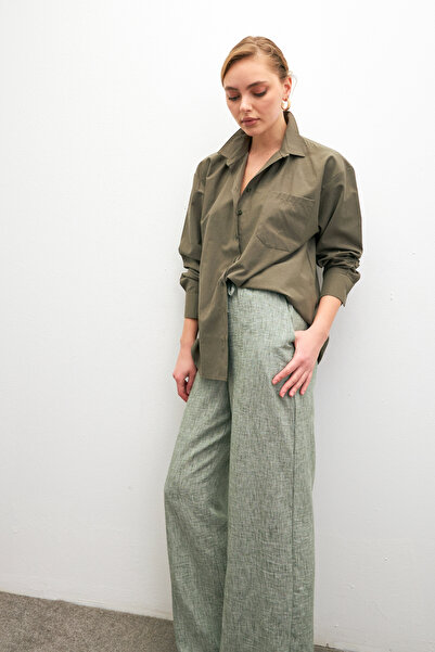 Bipantolon Women's Dark Green Linen Blended Loose Cut Trousers