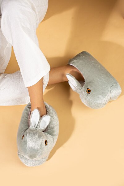 Pembe Potin Unisex βελούδινο παπούτσι για το σπίτι με σχέδιο Grey Rabbit - Χαριτωμένο
