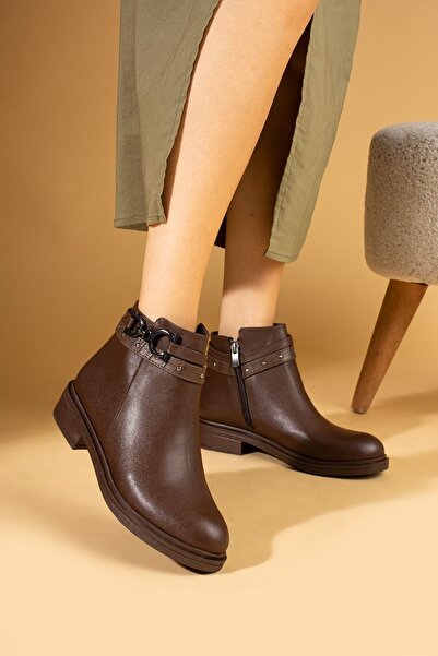 Pembe Potin Kadın Kahve Toka Detaylı Kısa Confort Tarz Şık ve Rahat Bot