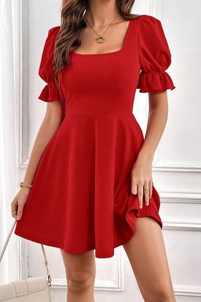 Mossta Short Sleeve Square Neck Flared Dress Red