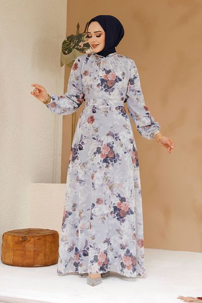 Neva Style فستان حجاب رمادي منقوش بالزهور 27961GR