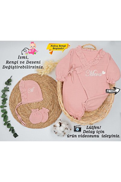 gros shop %100 Pamuk Organik 4 Katlı Müslin Kumaş  3'lü Hastane Çıkış Seti  (...