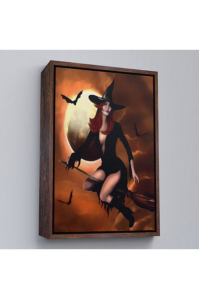 Harita Sepeti Flying Witch with White Frame with Broomstick, Halloween Helloven Wall Painting