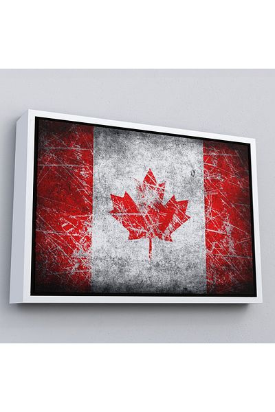 Harita Sepeti White Framed Canadian Flag Rustic Canvas Print, Canada Flag Painting, Home and Office Decor