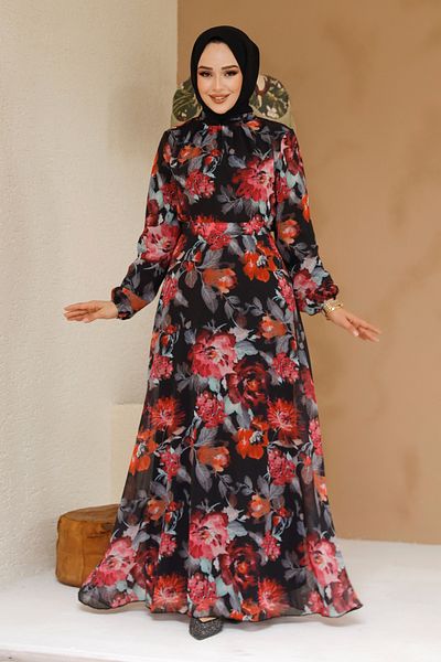 Neva Style Rochie neagră cu hijab cu modele florale 27962S