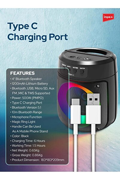 İMPEX مكبر صوت محمول بتقنية البلوتوث، 500 وات PMPO، مكبر صوت لاسلكي مقاس 4 بوصات مع حلقة إضاءة سحرية، بطارية 1200 مللي أمبير في الساعة