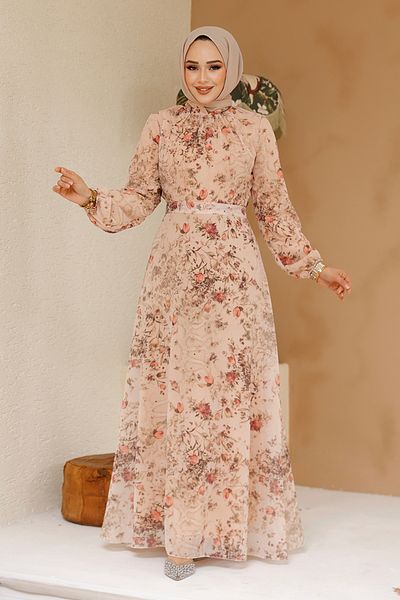Neva Style Rochie Hijab Somon cu Motiv Floral 27966SMN