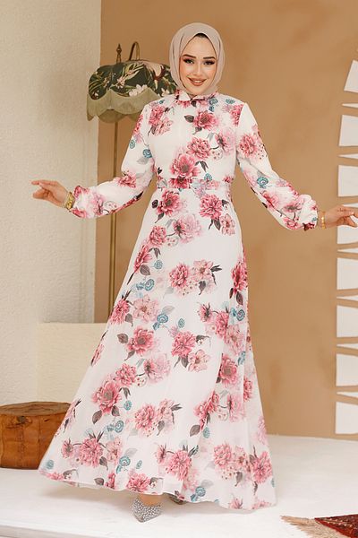 Neva Style Rochie albă cu imprimeu floral 27965B