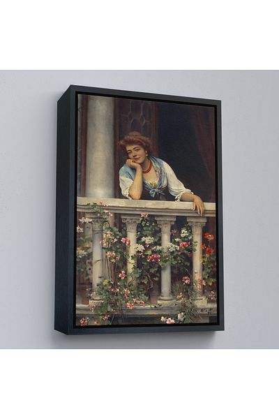 Harita Sepeti Femeie frumoasă care așteaptă iubita pe balcon cu flori într-un cadru de aur