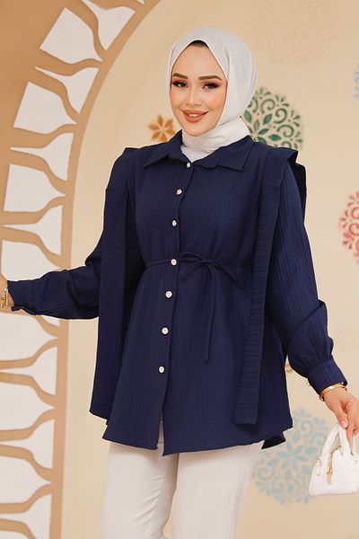 Neva Style تونيك حجاب باللون الأزرق الداكن مع تفاصيل حزام على الكتفين 10131L