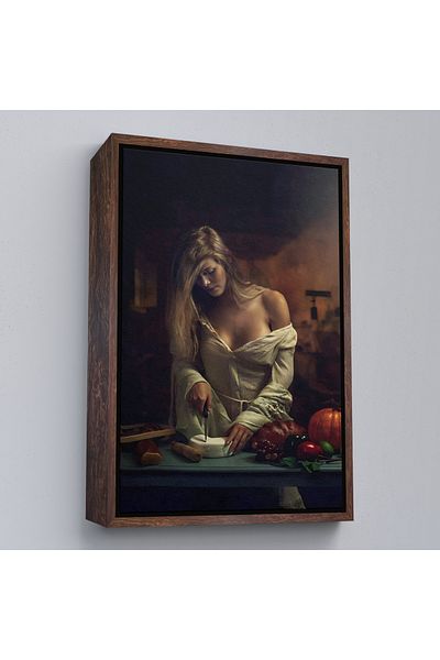 Harita Sepeti Декоративна стенопис "Красива жена, която реже сирене" в кафява рамка