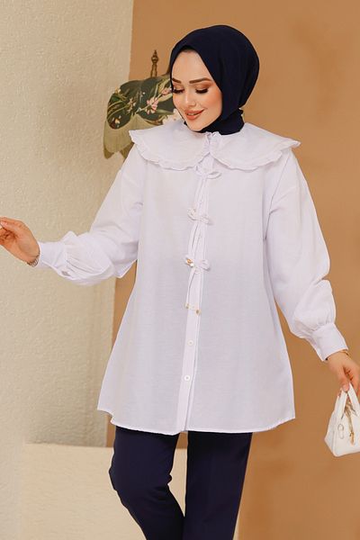 Neva Style Tunica albă hijab cu detaliu fundă 10074B