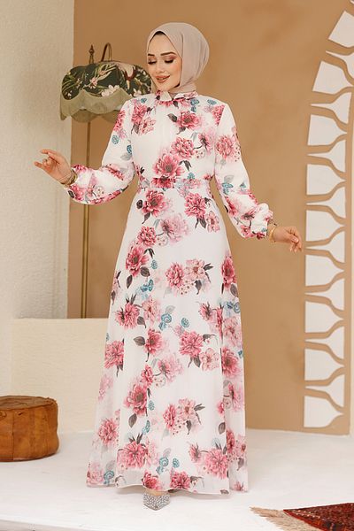 Neva Style فستان حجاب أبيض بنقشة زهور 27965B