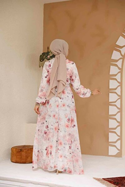 Neva Style Floral Patterned Ecru Hijab Dress 27969E