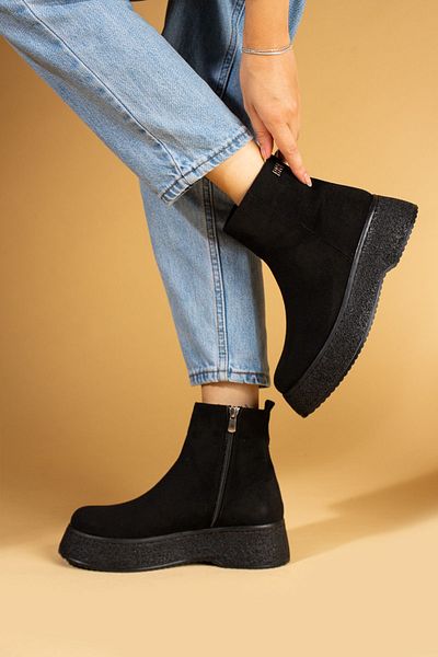 Pembe Potin Ghete de damă din piele intoarsa neagra - Platforma inalta, design casual elegant si confortabil