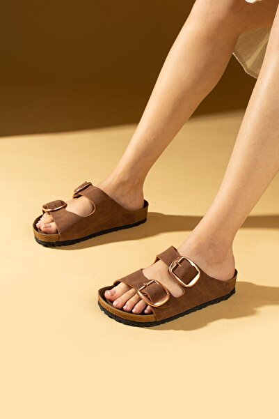 Pembe Potin Tan Tan Unisex Orthopedic Sole Slippers Double Banded Buckle Daily Comfortable Slippers