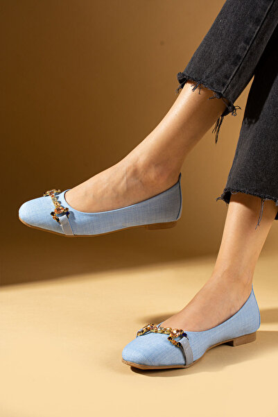 Pembe Potin Kadın Mavi Taşlı Günlük Rahat Taban Babet Ayakkabı