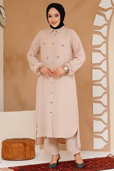 Neva Style طقم حجاب بيج مكون من قطعتين - خرزة محددة 12082BEJ