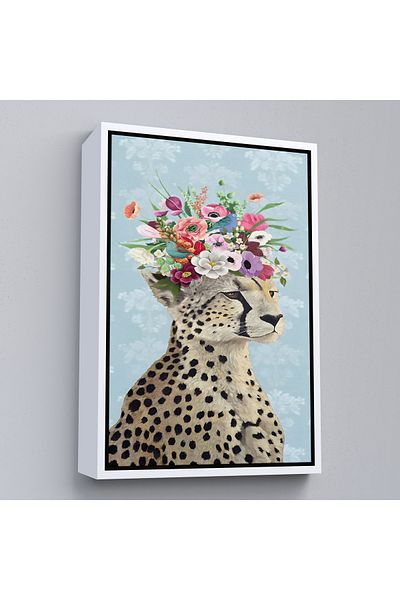 Harita Sepeti White Framed Floral Crown Queen Cheetah Canvas Print