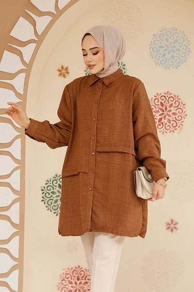 Neva Style تونيك حجاب بني بأزرار 30881KH