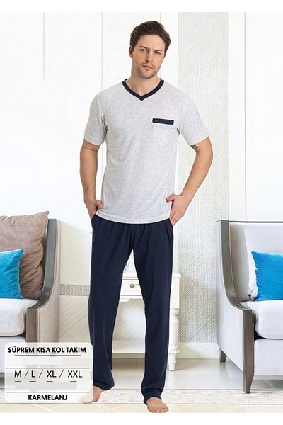 bie's Ανδρικό σετ πιτζάμες με κοντό μανίκι με λαιμόκοψη V χωρίς κουμπιά 100% βαμβακερό καλοκαιρινό σετ πιτζάμες με τσέπες στο στήθος