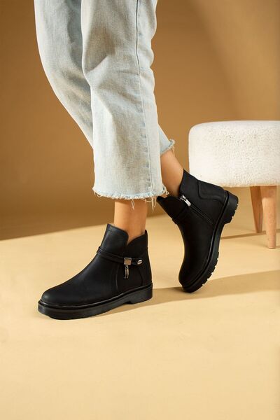 Pembe Potin Kadın Siyah Mat Bej Tokalı Rahat Kalıp Kaymaz Taban Lastikli Sıcak Astar Günlük Bot