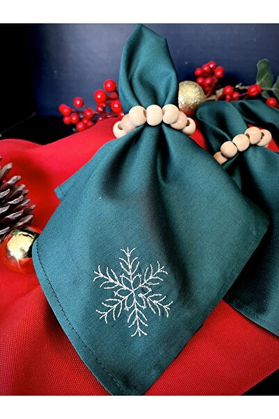 Atölye No 35 Stoffservietten Weihnachten 4er Set Zümrütgrün Schneeflocken-stickerei 35x35 Cm - Stickerei