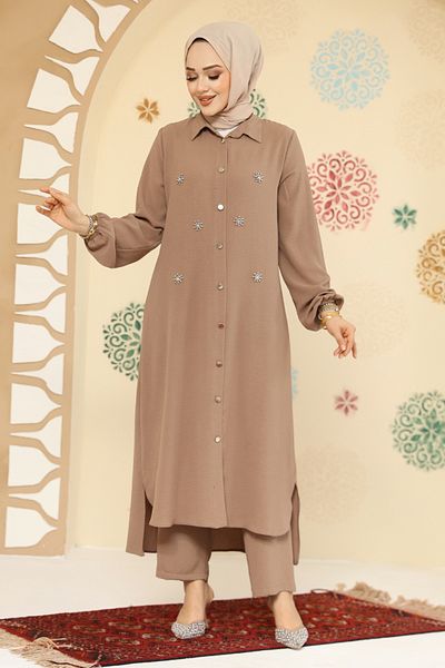 Neva Style طقم حجاب المنك مزين بالخرز مكون من قطعتين 12082V