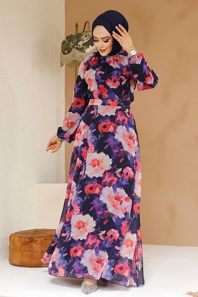 Neva Style Φόρεμα Hijab με σχέδιο λουλουδιών Navy Blue 27983L