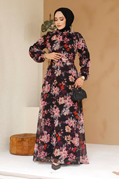 Neva Style Φόρεμα Μαύρο Hijab με Floral Print 27979S