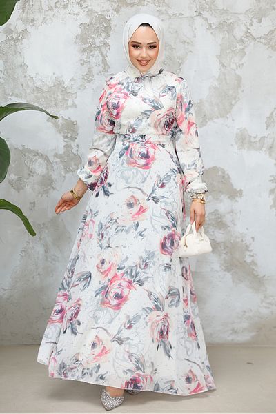 Neva Style Rochie Hijab Bej cu Motiv Floral 27986BGR