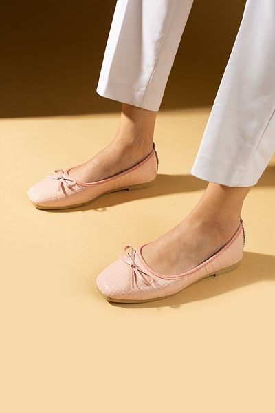 Pembe Potin Women's Ballerina Powder Croco Bow Lightweight Comfortable Sole Stylish Casual Shoes