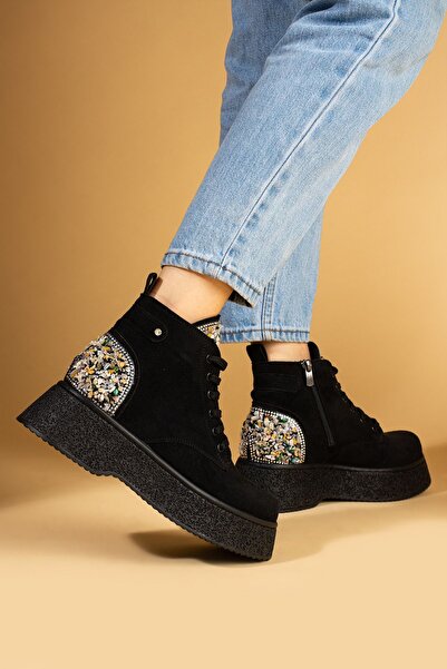 Pembe Potin Kadın Taş Detaylı Siyah Süet Yüksek Platform Taban Günlük Şık Rahat Bot