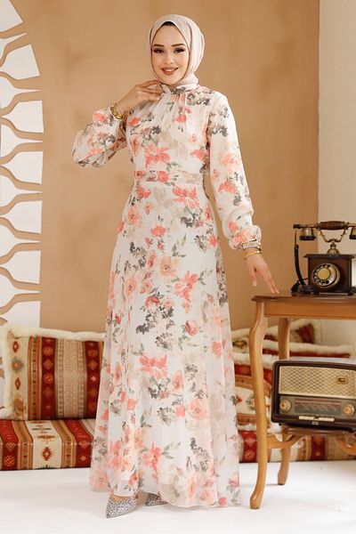 Neva Style Φόρεμα Hijab εκρού με λουλούδια 27964E