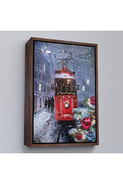 Harita Sepeti Pictură murală cu tramvai roșu între zăpezile cu cadru alb