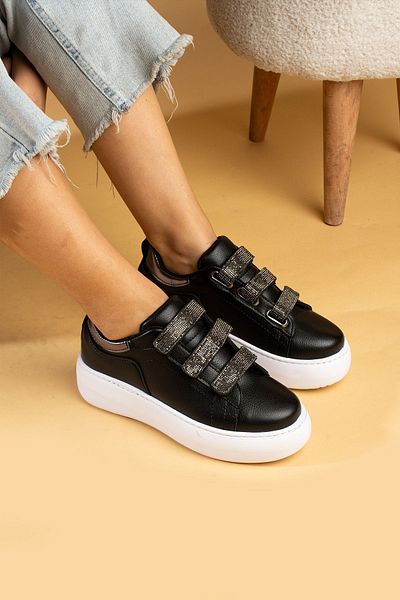 Pembe Potin Women's Black White Poly Comfortable Sole 3 Velcro Strap Sneaker Shoes
