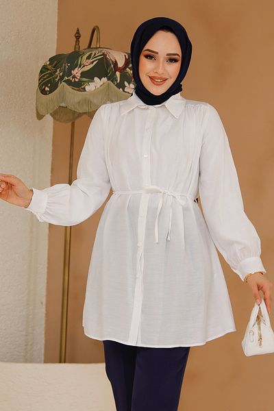 Neva Style Tunica albă hijab cu nasturi 10025B