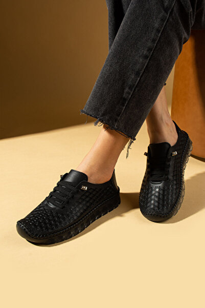 Pembe Potin Black Laser Women's Orthopedic Genuine Leather Comfortable Comfort Sole Daily Casual Sports Shoes