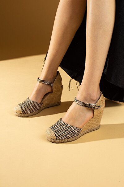 Pembe Potin Women's Black Straw Straw Embroidery Comfortable Wedge Sole Styli...