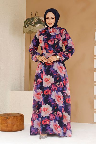 Neva Style Floral Patterned Navy Blue Hijab Dress 27983L